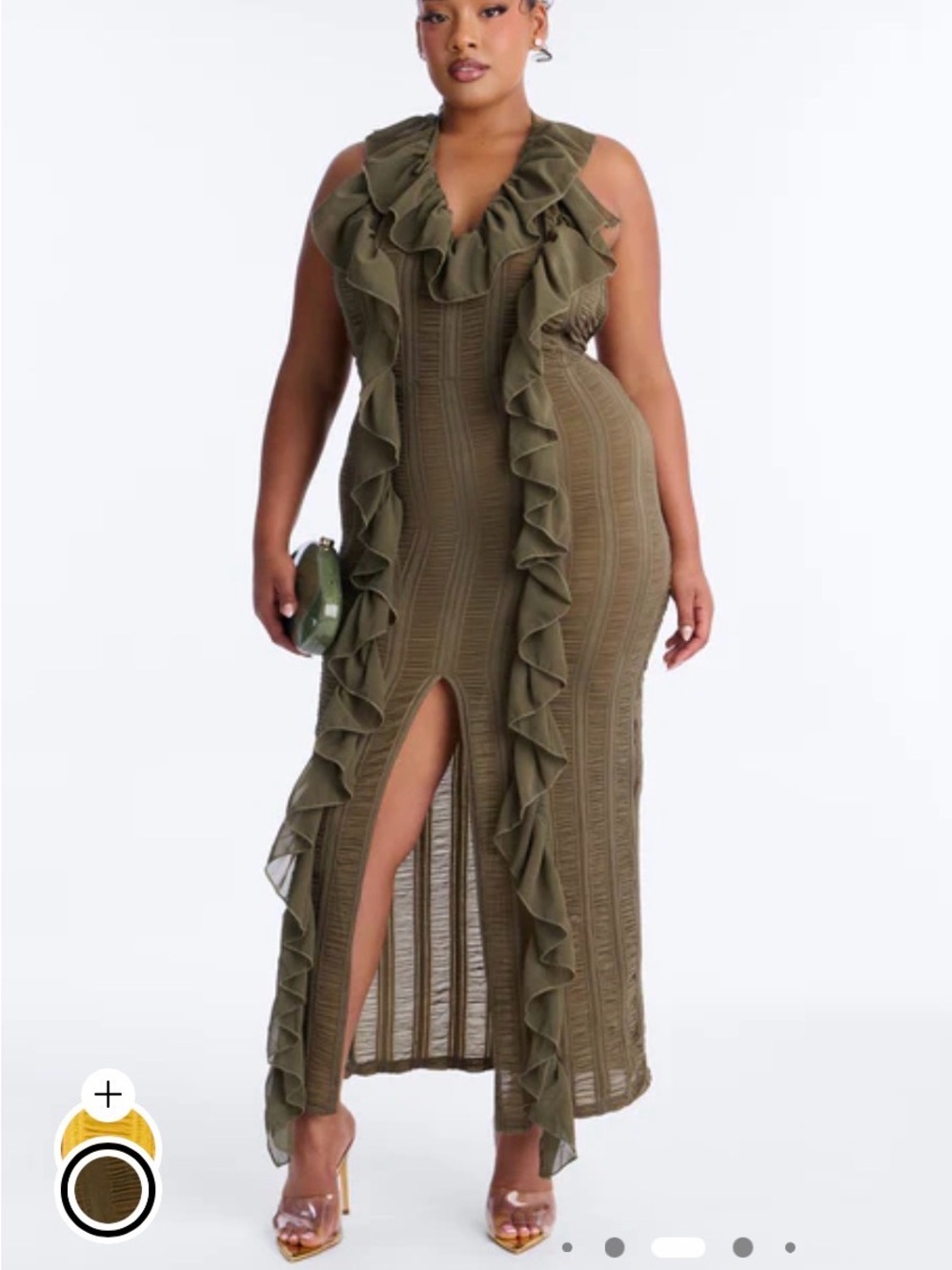 See Thru Olive Ruffle-Trim Maxi Dress - Olive